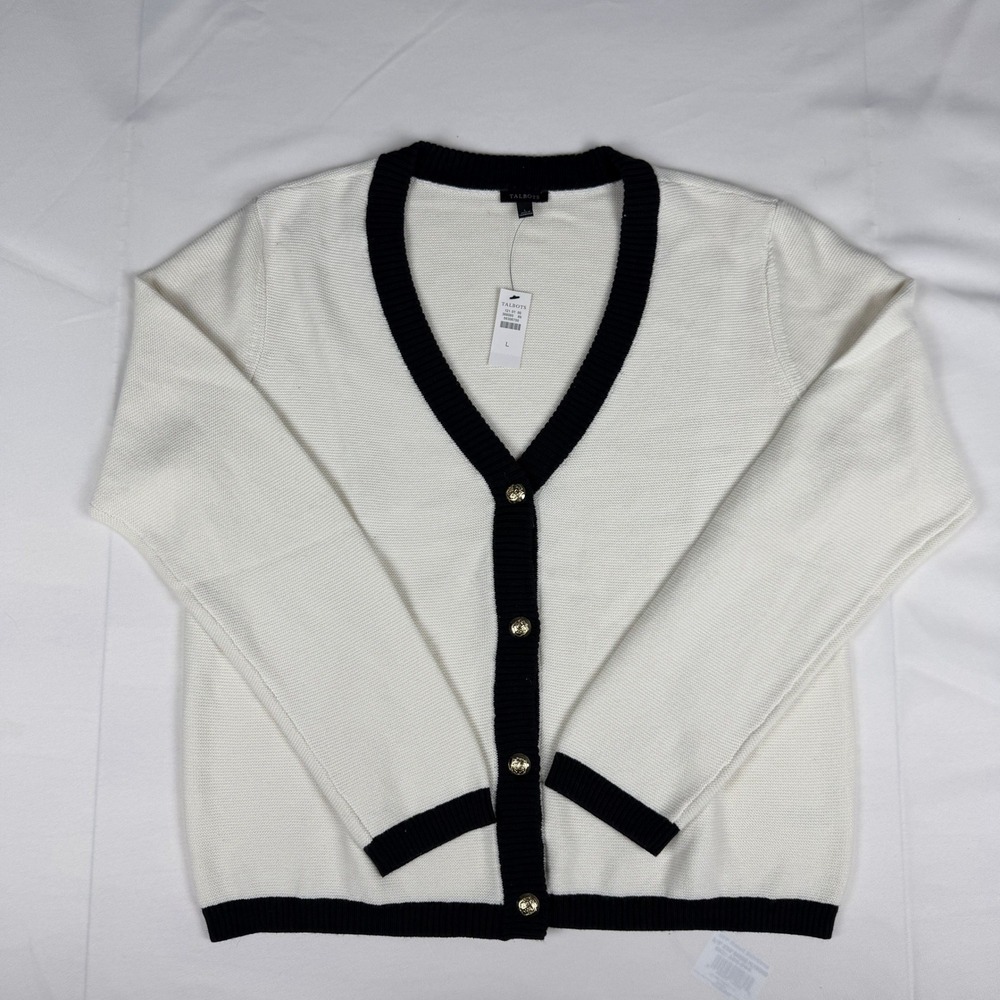 Talbots Ivory Black Colorblock V-Neck Cardigan‎ Gold Crest Button Sweater Large